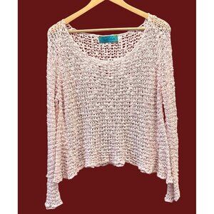 Hands To Hearts Light Pink Crochet Knit Bohemian Open Knit Sweater Scoop Neck